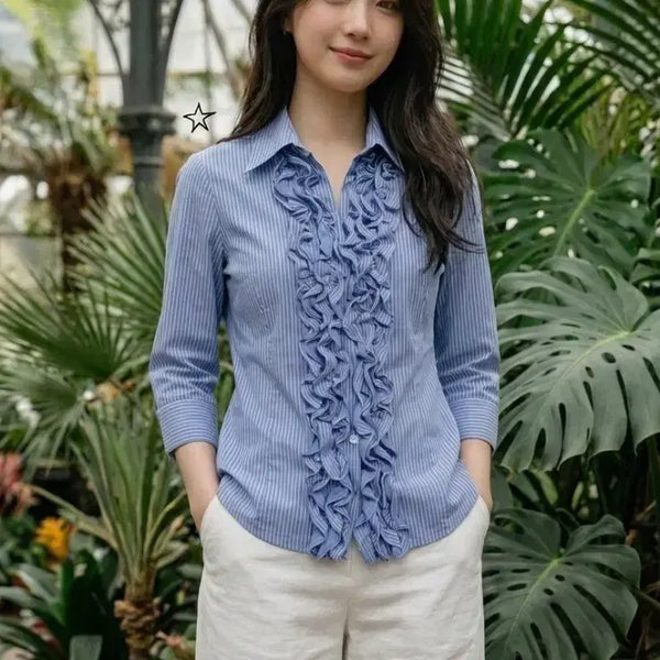 [BUNJANG] NARACAMICIE Striped Stretch Frill Blouse / [size 0/44] NARACAMICIE 입체 프릴 스트라이프 스판 블라우스