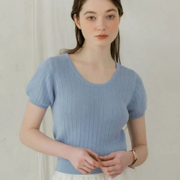 [BUNJANG] NIZIU Silk Blend Round Crop Short Sleeve Knit Top / 니주르 실크 블렌드 라운드 크롭 반팔 니트 탑 미착용 새상품