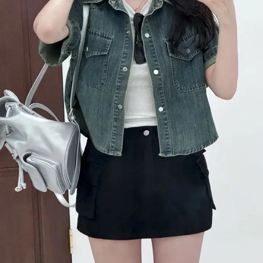 [BUNJANG] Vintage Washed Cropped Denim Shirt / 빈티지 워싱 크롭 데님 셔츠