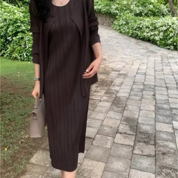 [BUNJANG] Jademong Pleats Matte Dress Cardigan Set / 제이드몽 플리츠 매트 원피스 가디건 세트