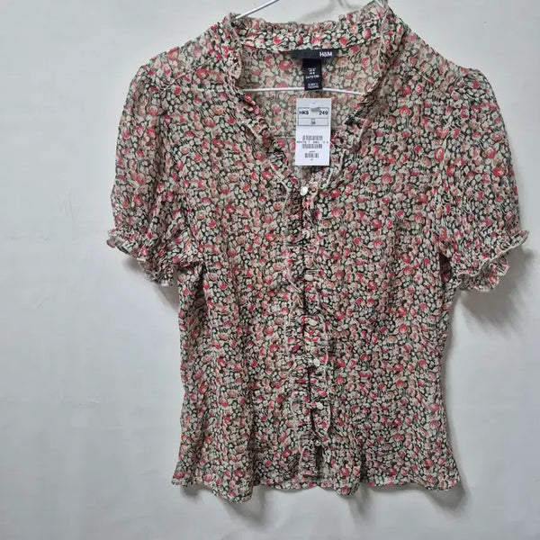 [BUNJANG] See-Through Flower Print Sheer Blouse / 새상품 꽃 시스루 S