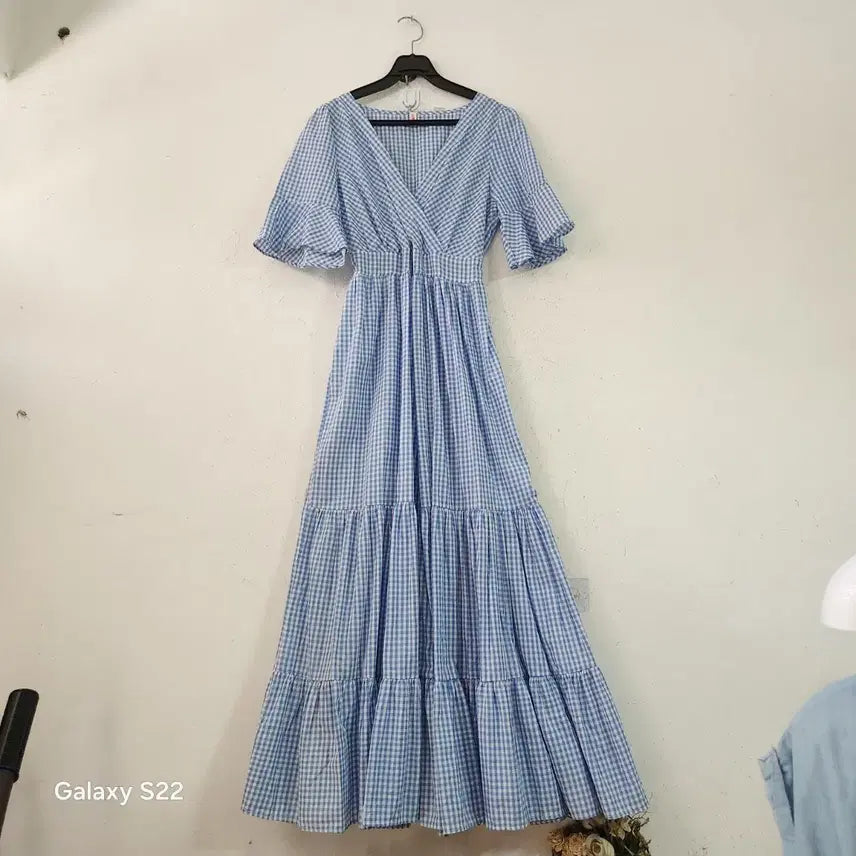 [BUNJANG] Check Pattern Long Dress - Sky Blue (Length 128) / 체크 패턴 롱 원피스 하늘색기장128