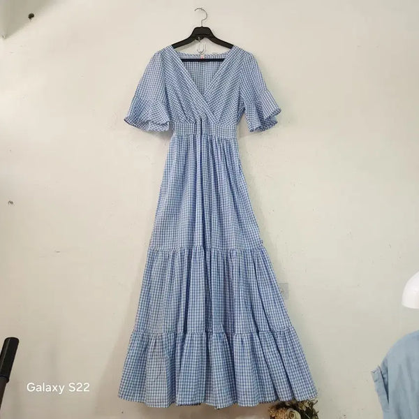 [BUNJANG] Check Pattern Long Dress - Sky Blue (Length 128) / 체크 패턴 롱 원피스 하늘색기장128