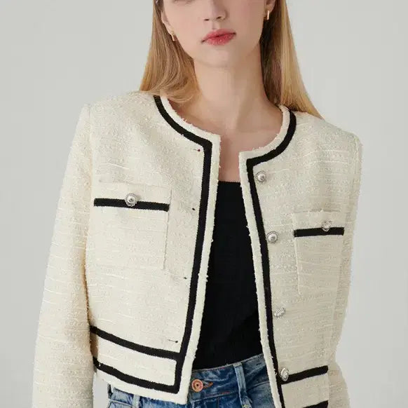 [BUNJANG] Satin Color-Blocked Tweed Jacket / SATIN 샤틴 라인 배색 트위드 자켓 55
