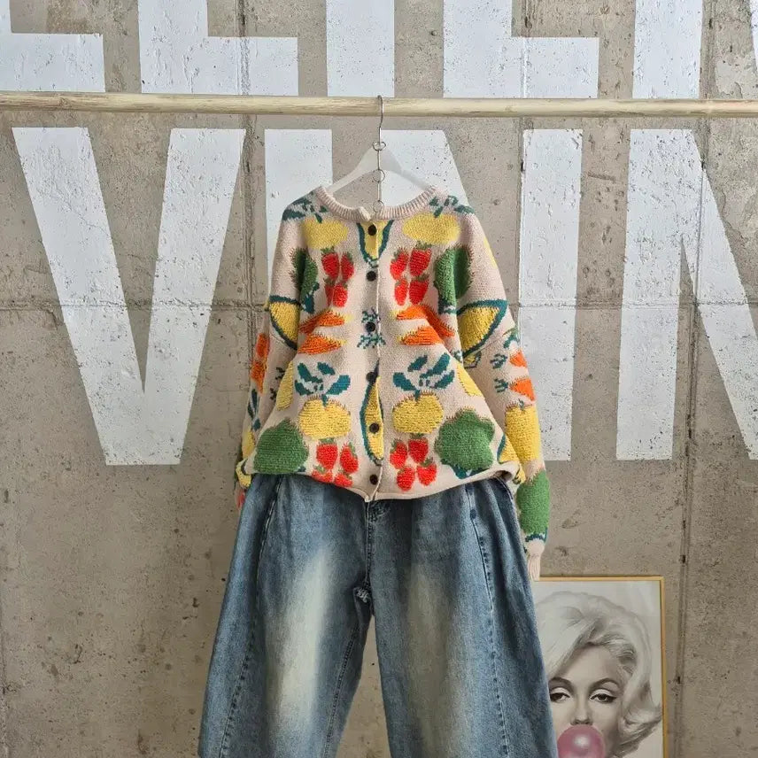 [BUNJANG] Loose Fit Knit Cardigan Sweater with Fruit Pattern / 행사1)넉넉핏 니트가디건 스웨터