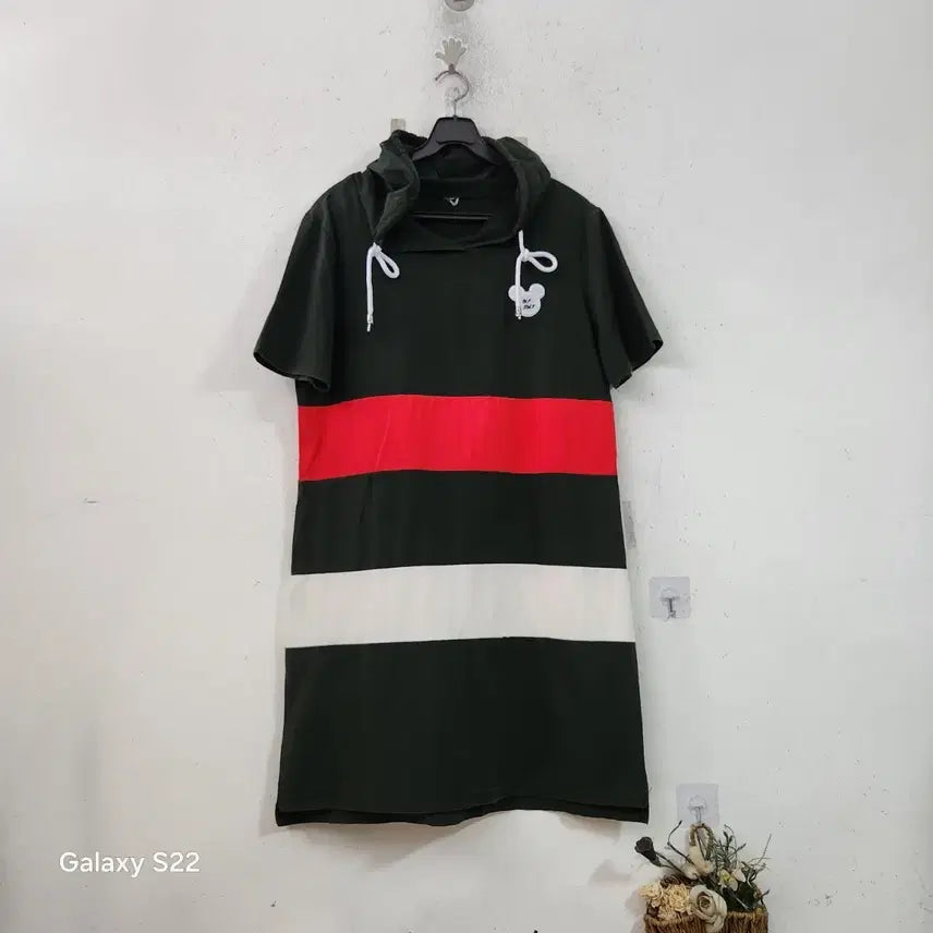 [BUNJANG] Striped Short Sleeve Hoodie Dress / 반팔 후드 원피스 카키 레드 화이트 스트라이프