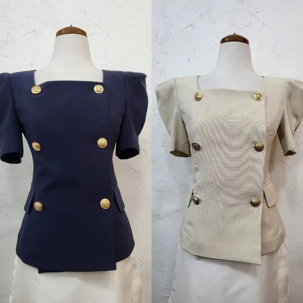 [BUNJANG] Double Button Puff Sleeve Jacket Navy/Beige / 더블 버튼 퍼프 소매 재킷 네이비/베이지