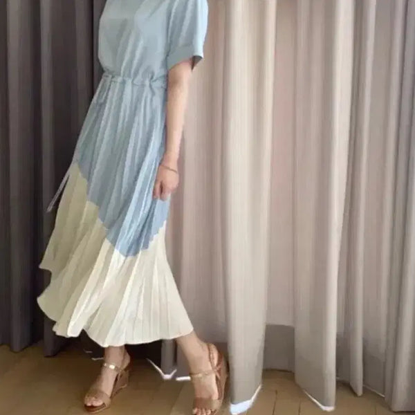 [BUNJANG] Sky Blue Two-Tone Pleated Midi Dress / 하늘색 투톤 플리츠 원피스