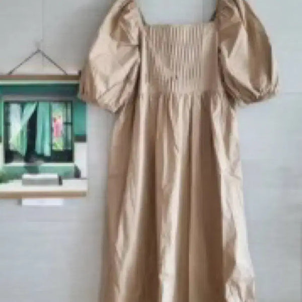 [BUNJANG] Beige Square Neck Puff Sleeve Long Dress / 베이지 스퀘어넥 퍼프소매 롱 원피스