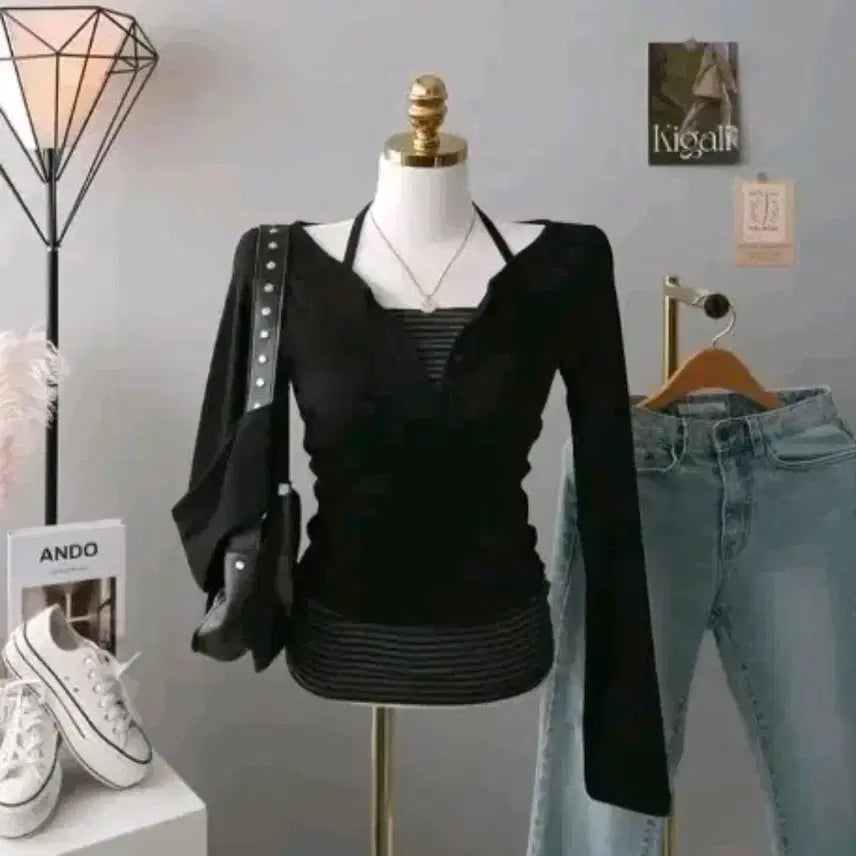 [BUNJANG] Black Up Beening Layered Stripe Halter Henry Neck Long Sleeve T-shirt Black / 블랙업 비닝 레이어드 스트라이프 홀터 헨리넥 긴팔티 블랙 에이블리