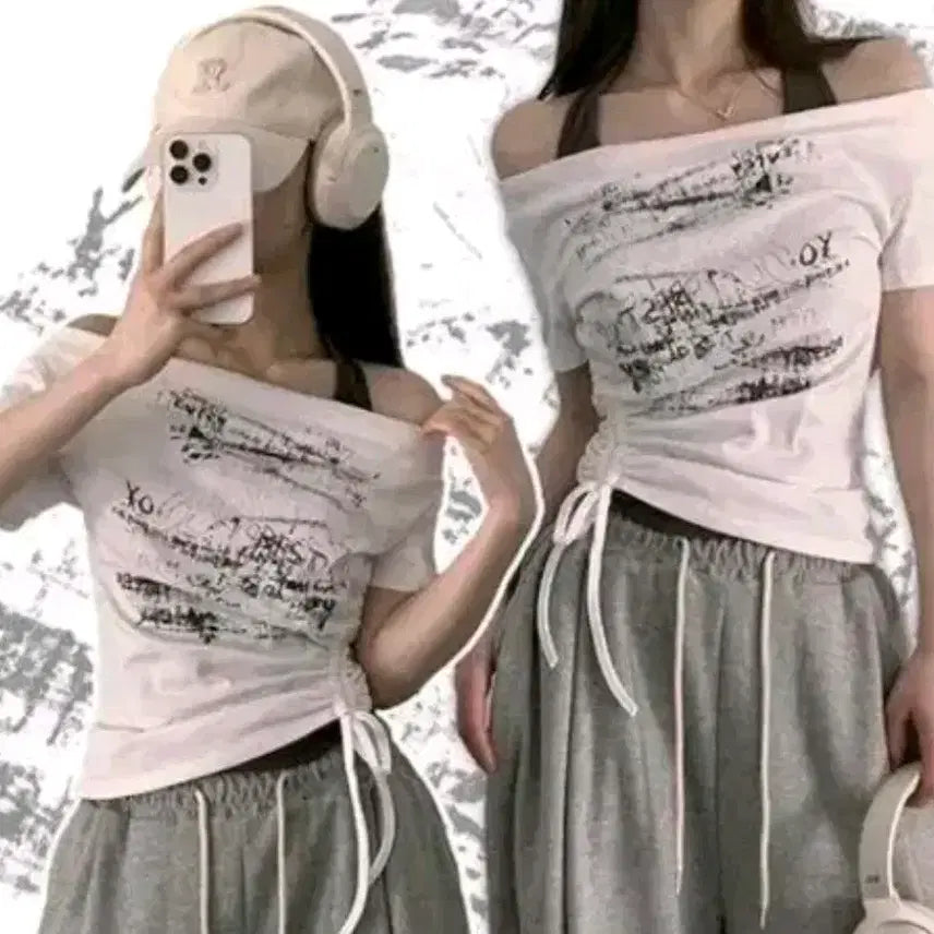 [BUNJANG] One-Piece Halterneck Printed Short-Sleeve T-Shirt - White / 일체형 홀터넥 프린팅 옆셔링 반팔티 화이트 에이블리