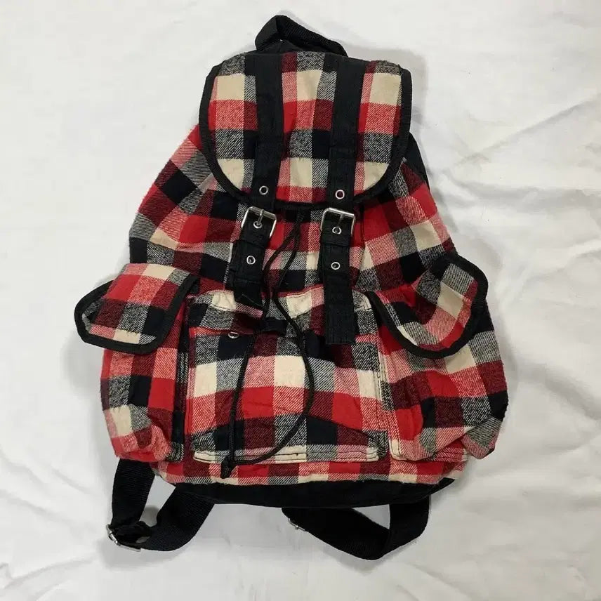 [BUNJANG] Checkered Three-Pocket Mori Girl Vintage Backpack / 체크 쓰리포켓 모리걸 빈티지 백팩 가방
