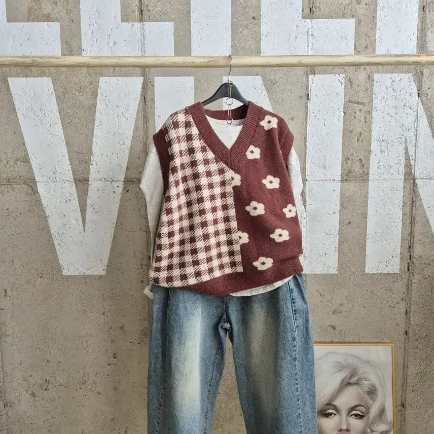 [BUNJANG] Checkered Flower Knit Vest / 행사1)고급진 체크 플라워 니트베스트