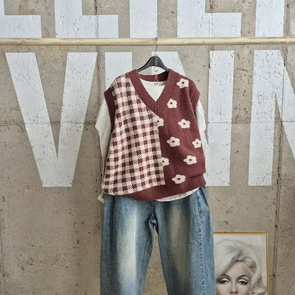 [BUNJANG] Checkered Flower Knit Vest / 행사1)고급진 체크 플라워 니트베스트