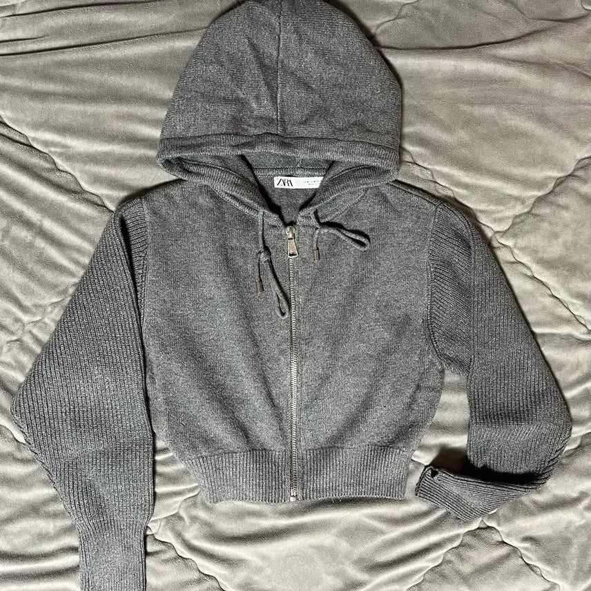 [BUNJANG] Zara Cropped Knit Hoodie Zip-Up Gray / 자라 크롭 니트 후드집업 그레이