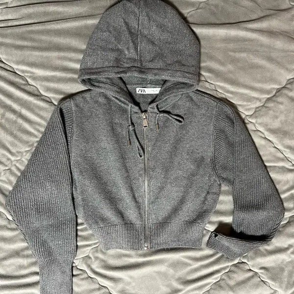 [BUNJANG] Zara Cropped Knit Hoodie Zip-Up Gray / 자라 크롭 니트 후드집업 그레이