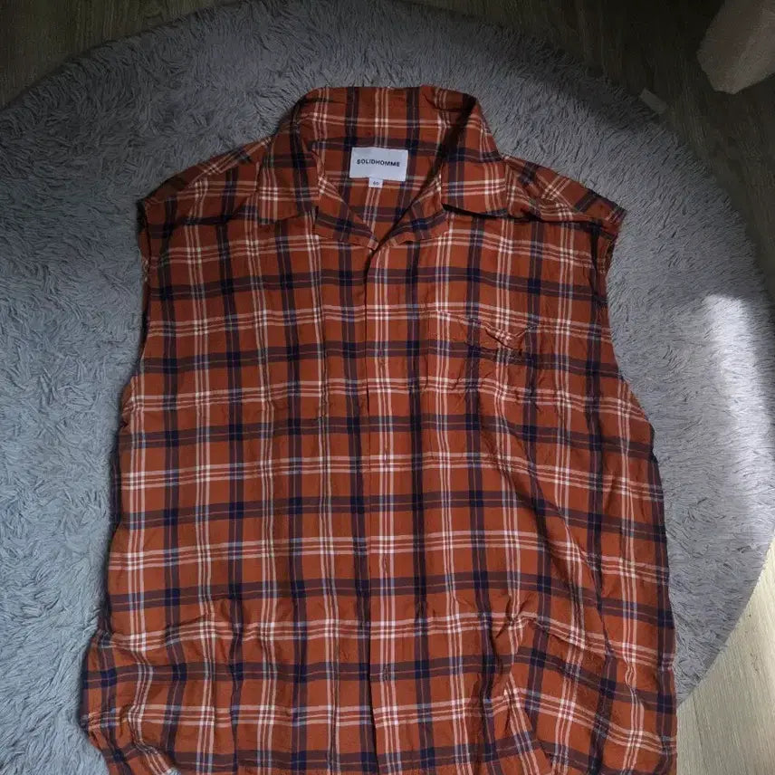 [BUNJANG] Solid Homme Check Sleeveless Shirt (Orange/Navy/White) / 솔리드옴므 정품 체크 오렌지 민소매 셔츠 100-105사이즈