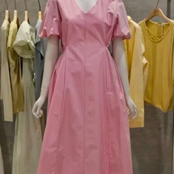 [BUNJANG] Women's Puff Sleeve V-Neck Long Dress - Pink (Size M) / 원피스 퍼프소매 브이넥 M