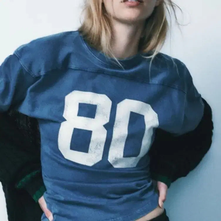 [BUNJANG] ZARA Numbering Football T-Shirt Top Vintage Blue M / ZARA 자라 넘버링 풋볼 티셔츠 탑 빈티지 블루 M