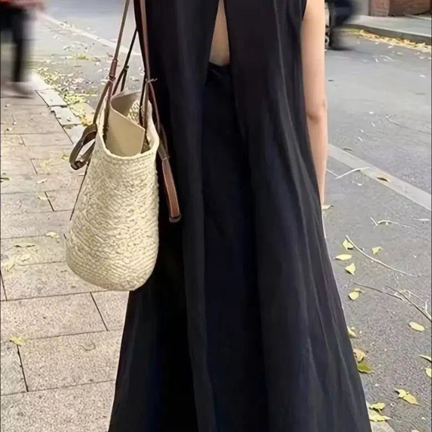 [BUNJANG] Sleeveless Back Slit Black Maxi Dress / (새상품) 백리스 뒤트임 블랙 롱 원피스 휴양지룩