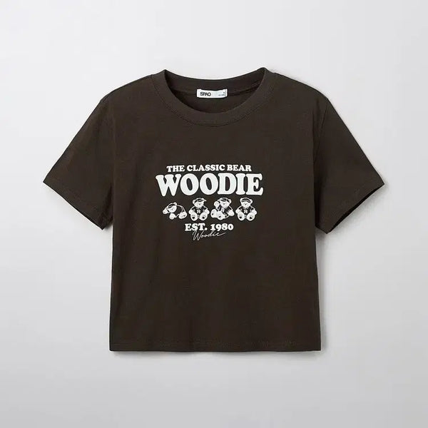 [BUNJANG] SPAO Woody Cropped Short-Sleeve T-Shirt Brown / 스파오 우디 크롭 반팔 티 브라운 만원샵
