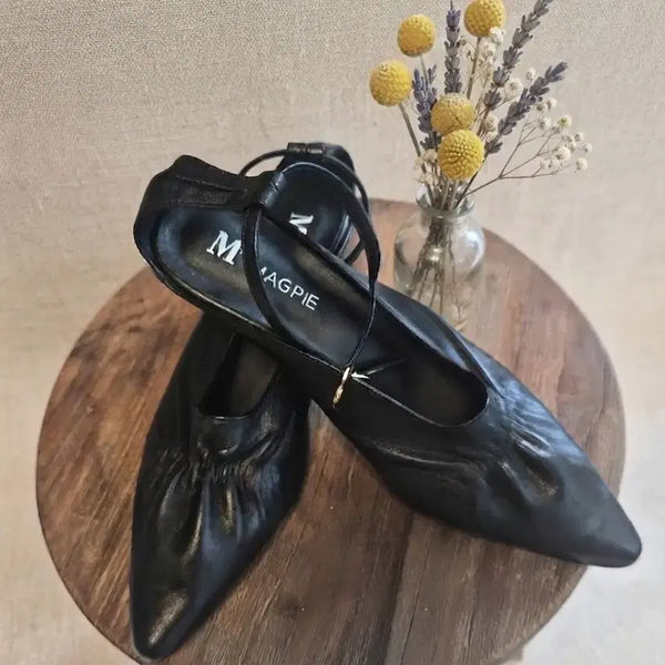 [BUNJANG] MAGPIE Black Shirring Detail Kitten Heel Mary Jane Leather Shoes (Size 235/36.5) / MAGPIE (매그파이) 블랙 셔링 포인트 키튼힐 메리제인 가죽구두 (사이즈 235/36.5)