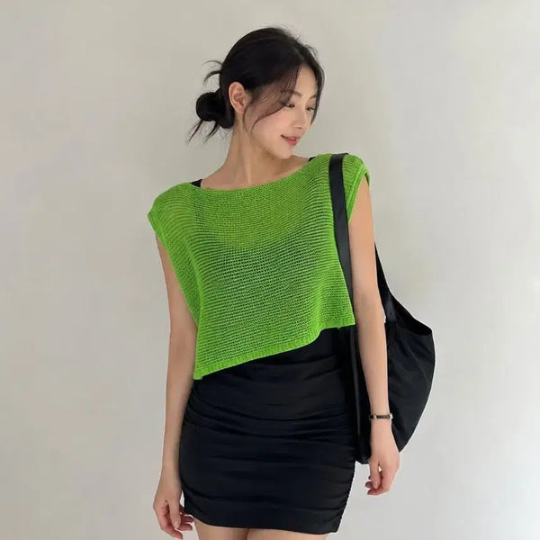 [BUNJANG] Green Knit Sleeveless Loose Crop Top / 그린 니트 민소매 루즈크롭 탑