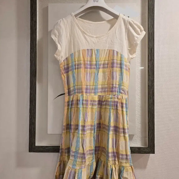 [BUNJANG] Checkered Colorblock Cap Sleeve Ruffle Dress / 체크 배색 캡소매 프릴 원피스