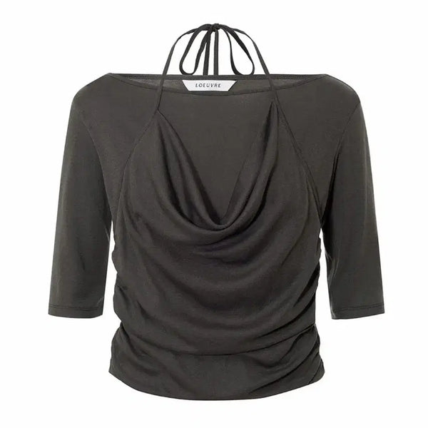 [BUNJANG] L'EQUPE Cowl Halter Layered Jersey Top Brown / [루에브르] 홀터넥 레이어드 탑 브라운 *옷장정리