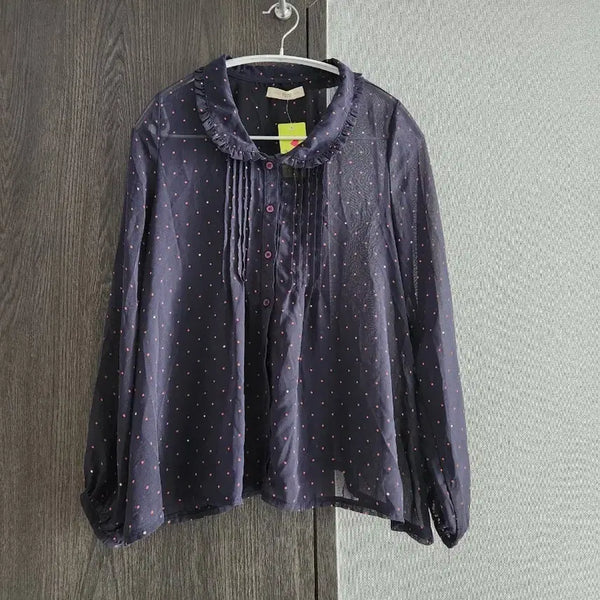 [BUNJANG] ROWRYS FARM x Hello Kitty Collaboration See-Through Blouse (Navy Dot Pattern, Size M) / 새상품)) 일본수입 ROWRYS FARM 시스루 블라우스 M