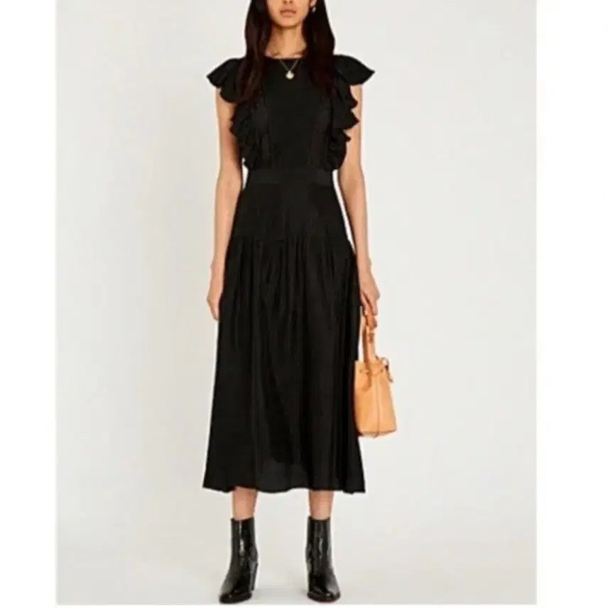 [BUNJANG] Sandro Black Frill Detail Midi Dress / 산드로 원피스