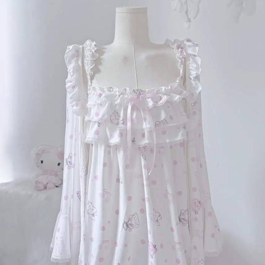 [BUNJANG] Hime Gyaru Polka Dot Lace Pajama Set (One-Piece + Cardigan + Scrunchie) / 양산형 히메갸루 도트무늬 레이스 파자마 세트(원피스+가디건+한정수량 곱창끈)