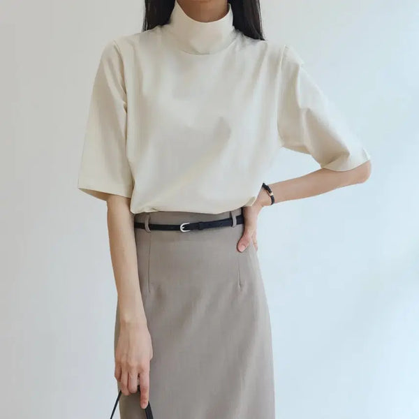 [BUNJANG] Set of 2 Half-Neck Short-Sleeve T-shirts / [베스트 재진행] 여리여리핏 / 신축성 좋은 반하이넥 반폴라 반팔티셔츠  2 벌 일괄