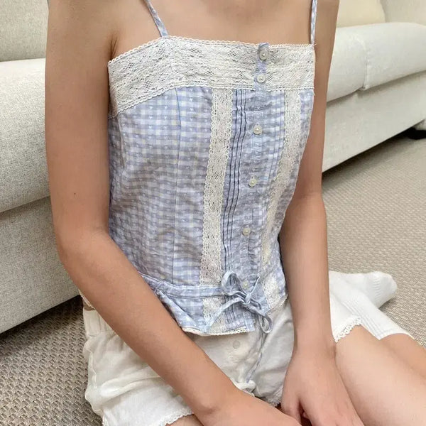 [BUNJANG] Brandy Melville Maeve Top Light Blue Check Lace / 브랜디멜빌 메이브 탑 (새상품)