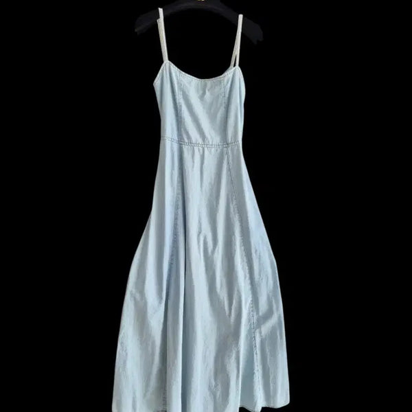 [BUNJANG] Light Wash Denim Spaghetti Strap Maxi Dress / 연청 데님 끈 나시 롱 드레스 55 전시품상태