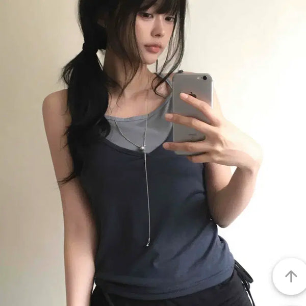 [BUNJANG] La mode Tart Colorblock Layered Sleeveless Top Navy / 라뮤에 타르트 배색 레이어드 나시 네이비