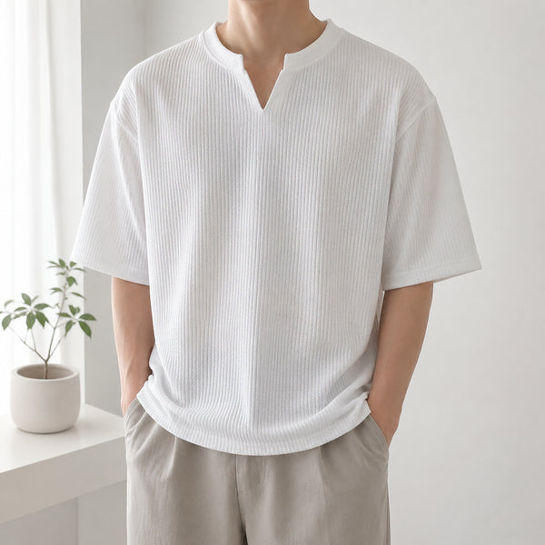 [BUNJANG] ANIEU Waffle Knit Henry Neck Oversized T-Shirt (New) / [F]애니유 와플 조직 헨리넥 오버핏 티셔츠 (새상품)