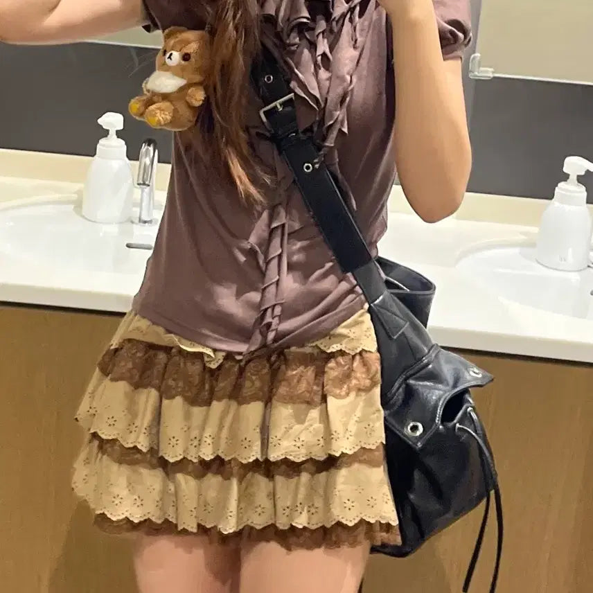 [BUNJANG] Cecil Mcbee Frill Layered Skirt Set - Latte Girly Vintage / 세실맥비 로걀탑 프릴 브라운 라떼갸루 코디세트 캉캉 스커트 공겜깔 빈티지