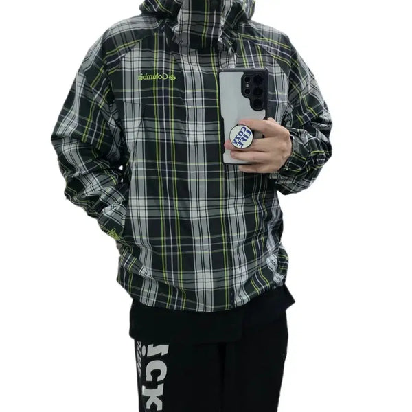 [BUNJANG] Columbia Green Check Hooded Windbreaker Jacket / L 컬럼비아 그린 체크 바람막이 후드 자켓