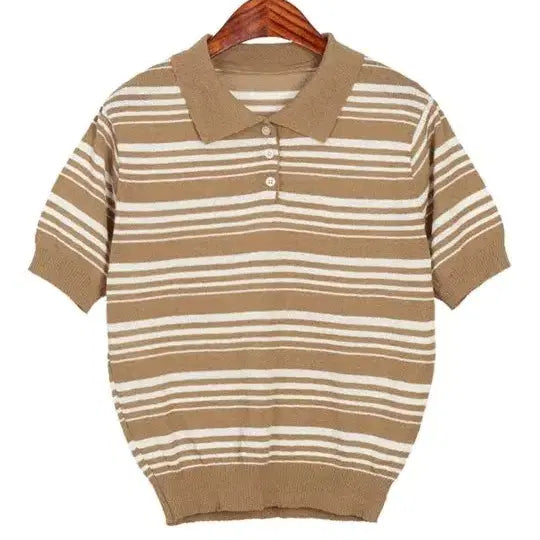 [BUNJANG] Horizontal Stripe Collar Knit Beige / 가로줄 카라 니트 베이지