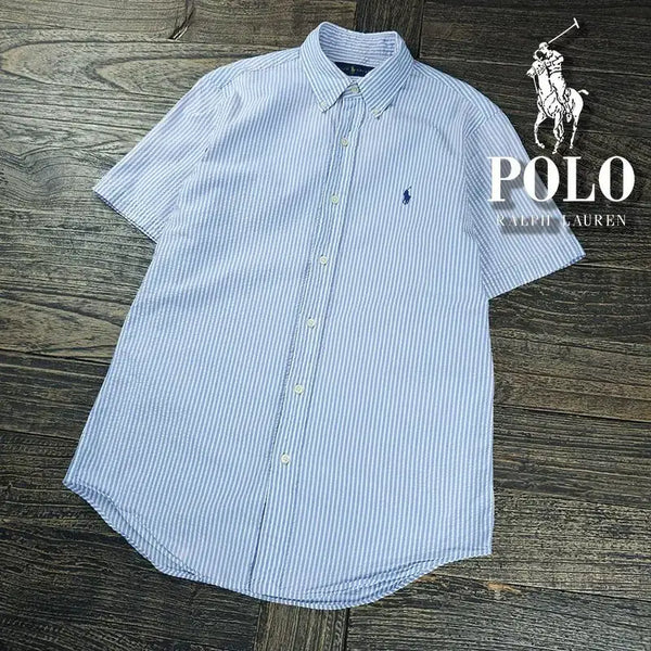 [BUNJANG] Polo Ralph Lauren Seersucker Stripe Short Sleeve Shirt / 폴로 랄프로렌 포니 로고 시어서커 스트라이프 반팔 셔츠 M21849