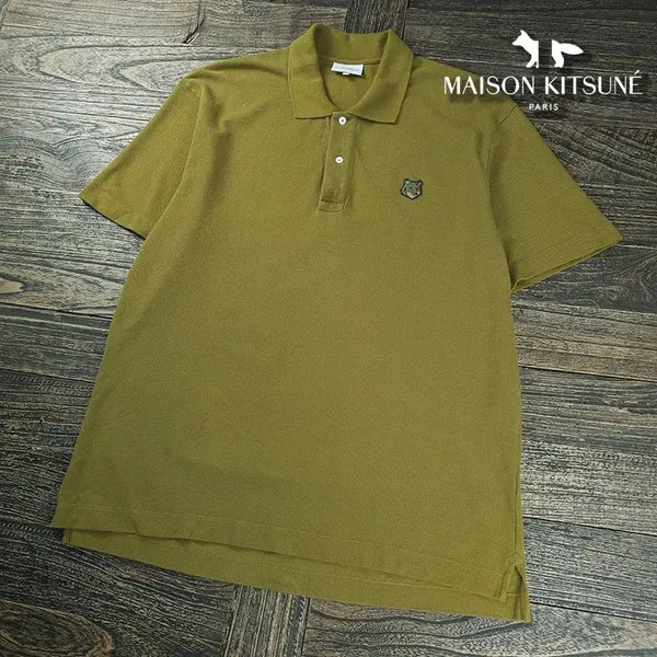 [BUNJANG] Maison Kitsune Bold Fox Head Patch Comfort Polo Shirt Khaki / 메종 키츠네 볼드 폭스 헤드 패치 컴포트 폴로 셔츠 카라티 카키 P01951
