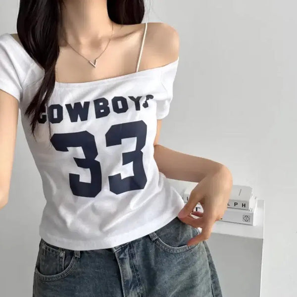 [BUNJANG] Short Sleeve Lettering Off-Shoulder T-Shirt / 반팔 레터링 오프숄더 티셔츠