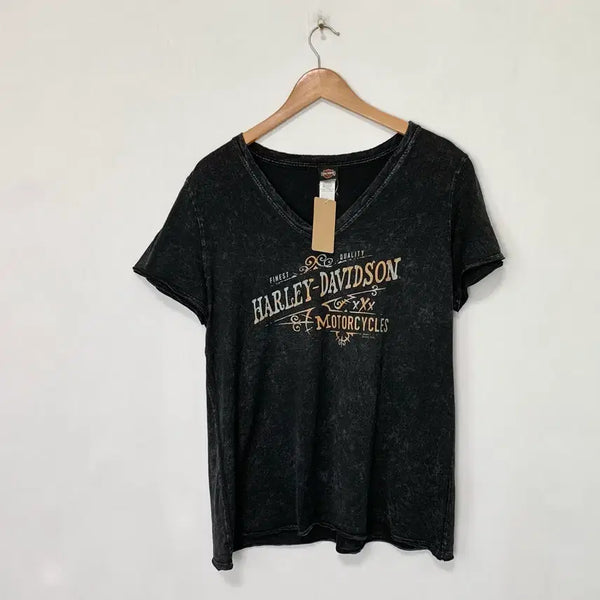 [BUNJANG] Harley-Davidson Washed Print V-Neck T-Shirt Charcoal XL / 할리데이비슨 데미지 워싱 프린팅 y2k 브이넥 반팔 티셔츠 차콜 XL 남녀공용