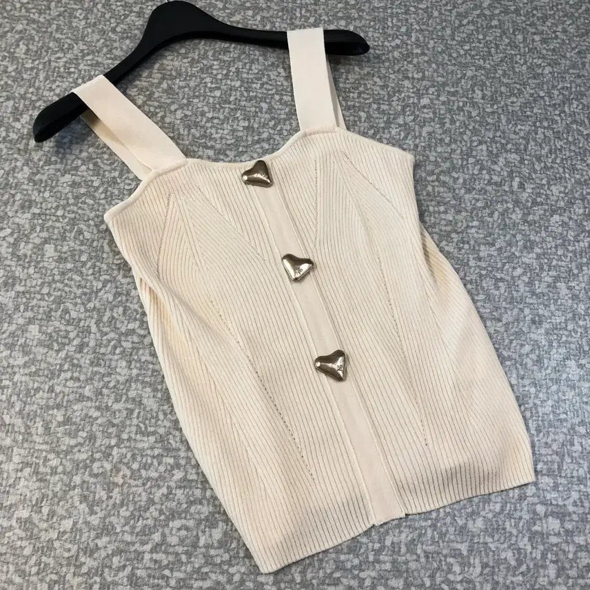 [BUNJANG] Smith11 Heart Button Knit Bustier Vest Sleeveless Ribbed Tank Top / 제평 스미스11 스미쓰11 하트단추 니트 뷔스티에 조끼 슬리브리스 골지 나시 탑