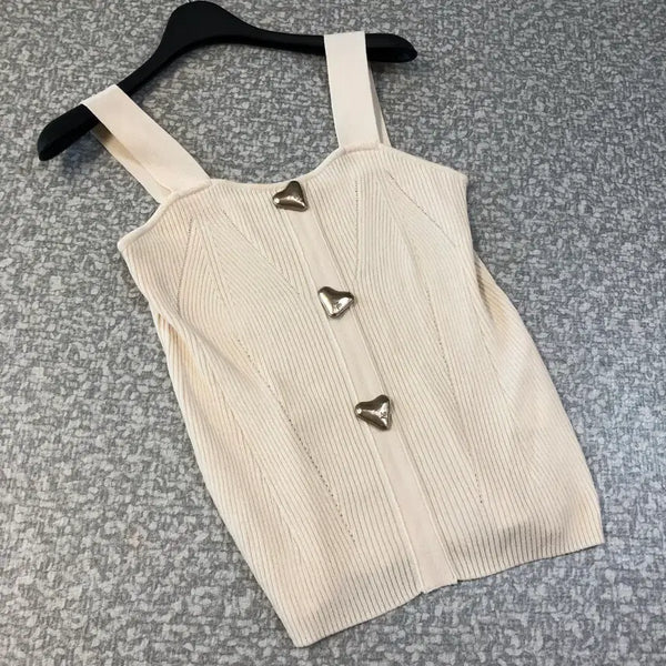 [BUNJANG] Smith11 Heart Button Knit Bustier Vest Sleeveless Ribbed Tank Top / 제평 스미스11 스미쓰11 하트단추 니트 뷔스티에 조끼 슬리브리스 골지 나시 탑