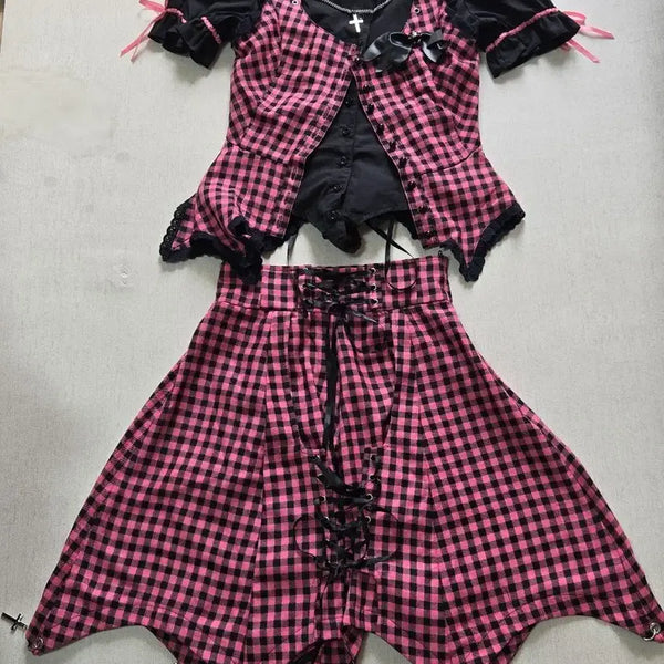 [BUNJANG] Bodyline Gothic Lolita Cosplay Set - Pink Check Blouse, Vest, Skirt / BODYLINE 일본 도쿄 구매 바디라인 고스 로리타 코스프레