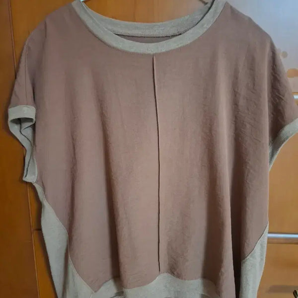 [BUNJANG] Brown Color Block Round Neck Short Sleeve T-Shirt / 브라운 배색 라운드넥 반팔 티셔츠