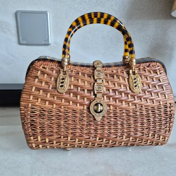 [BUNJANG] Vintage Rattan Handbag with Leopard Print Handle / 빈티지 라탄 핸드백 호피 손잡이