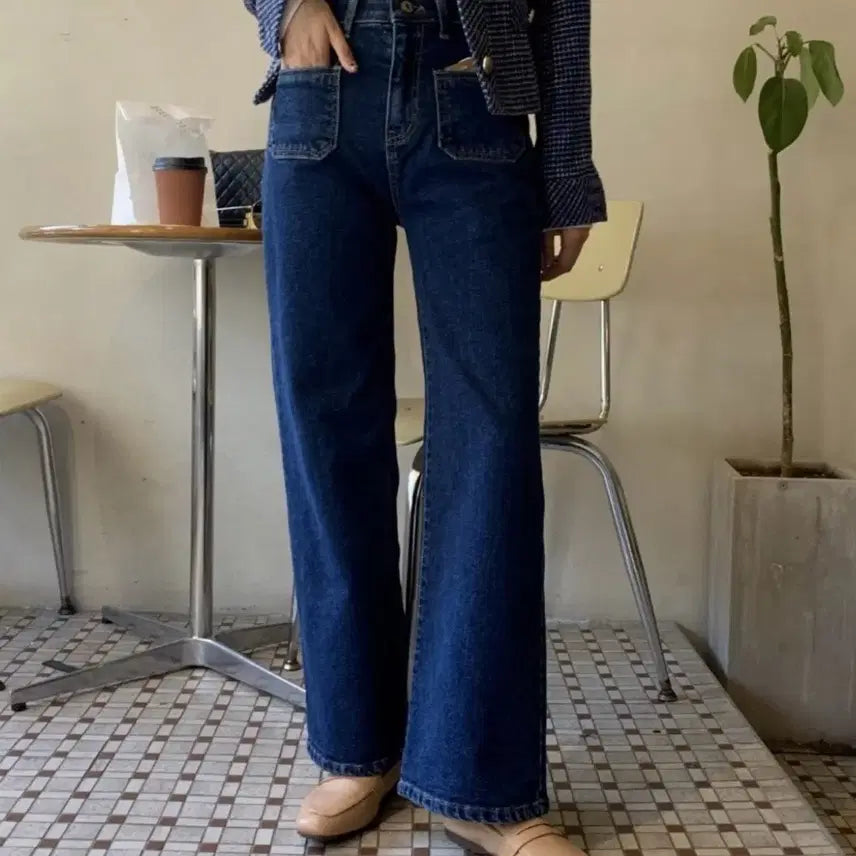 [BUNJANG] Denim Jeans with Front Pockets and Elastic Waistband (Size S) / 앞포켓 청바지 허리밴딩 바지 진청 S